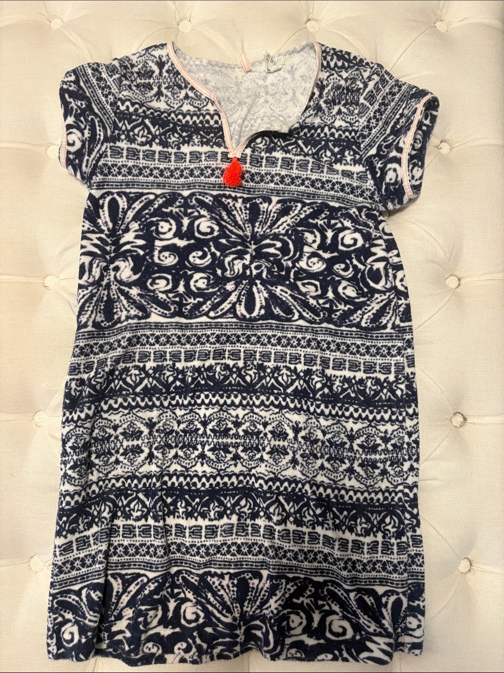 Crewcuts Navy and White Patterned Short Sleeve Dress with Orange Tassel